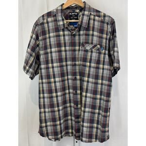 KAVU Size L Plaid Button Front Camp Shirt Short Sleeve Organic Cotton Gray Multi